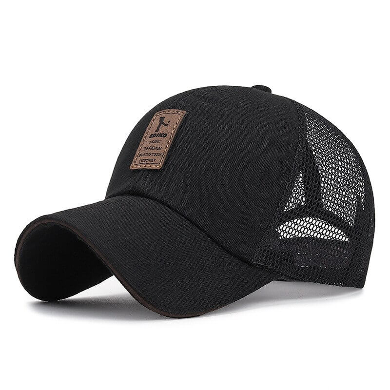 Fashionable black mesh sun hat for men with adjustable visor and breathable net design, perfect for outdoor activities.